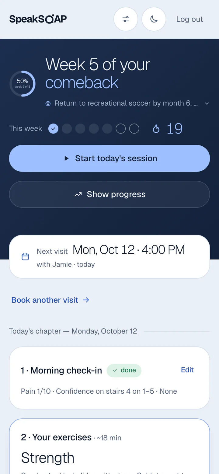What the patient sees on their phone: Week 5 of your comeback, this morning's check-in done, Start today's session.