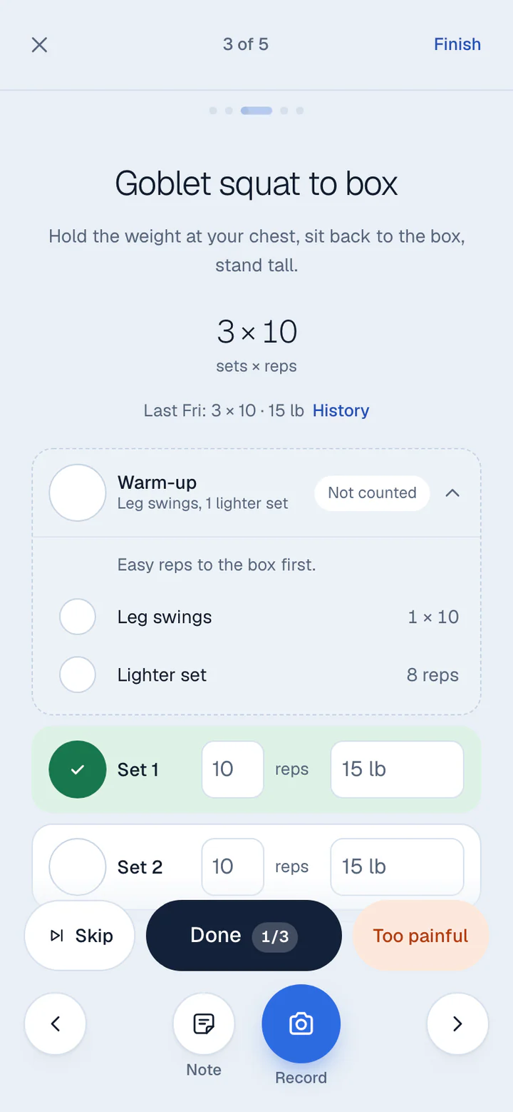 The exercise logger: Goblet squat to box, 3 × 10, a warm-up, Set 1 done at 10 reps and 15 lb, Done 1 of 3.